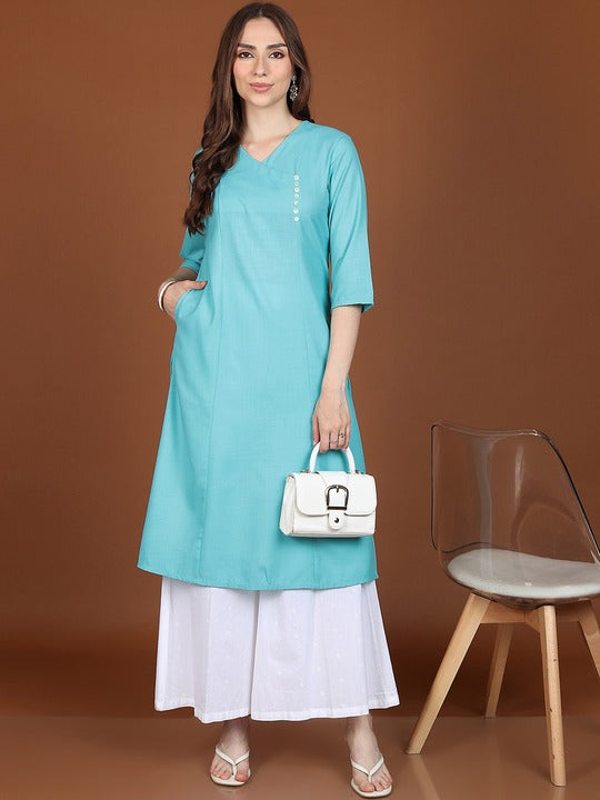Vishudh Blue V-Neck A-Line Kurta