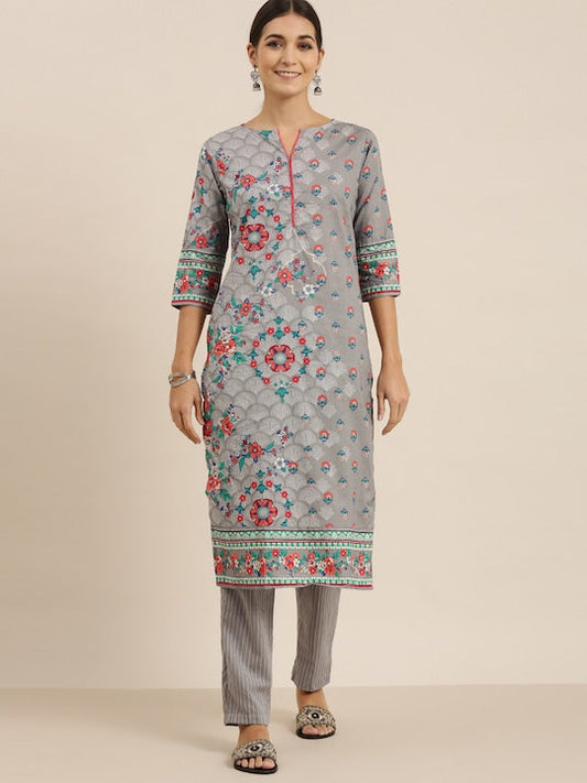 Vishudh Women Grey Printed Cotton Kurta with Trousers