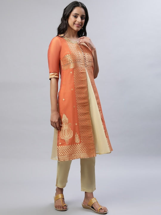 Aurelia Ethnic Motifs Woven Design Sequined A-Line Kurta with Trousers & Dupatta