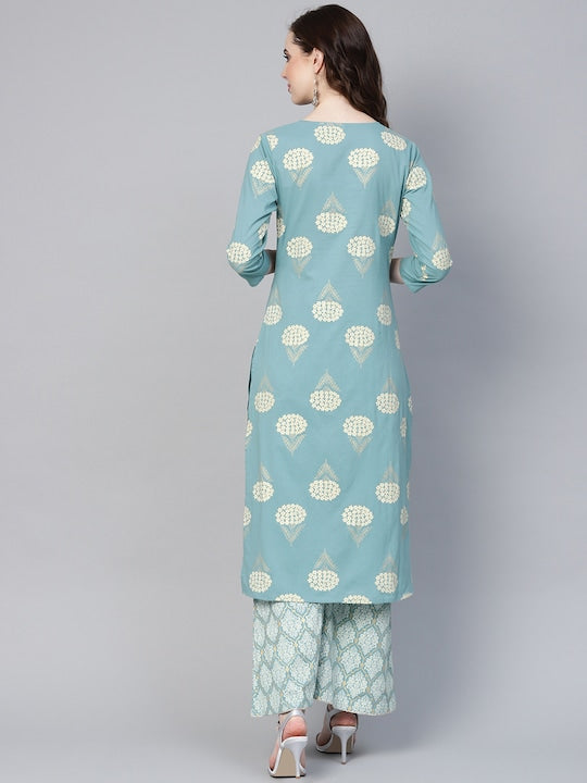 Yufta Women Blue & Off-White Printed Kurta with Palazzos