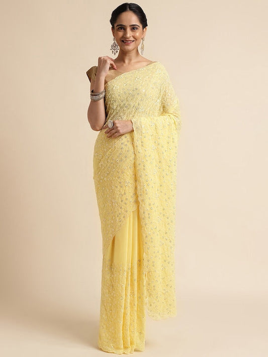 Fabmora Floral Embroidered Pure Georgette Saree
