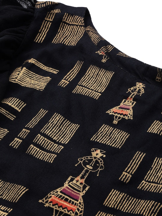 Varanga Women Black & Gold-Toned Printed Ruffled Top with Skirt