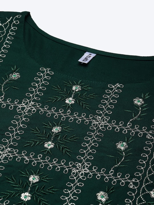 Yufta Women Green Ethnic Motifs Yoke Design Thread Work Kurta