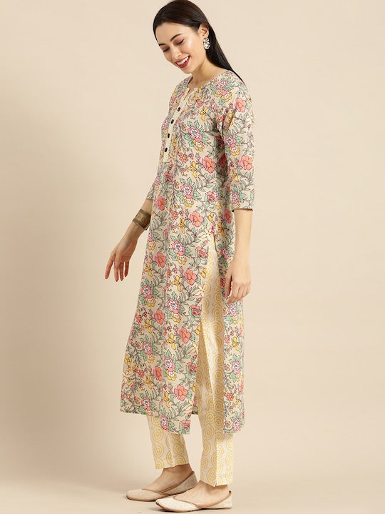 Varanga Women Sea Green & Mustard Yellow Printed Kurta with Trousers