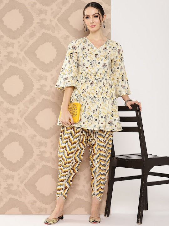 Yufta Women Floral Printed Regular Gotta Patti Pure Cotton Kurta with Dhoti Pants