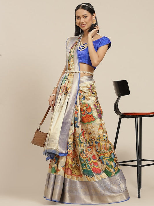 Silk Land Blue & Beige Woven Design Zari Kanjeevaram Saree