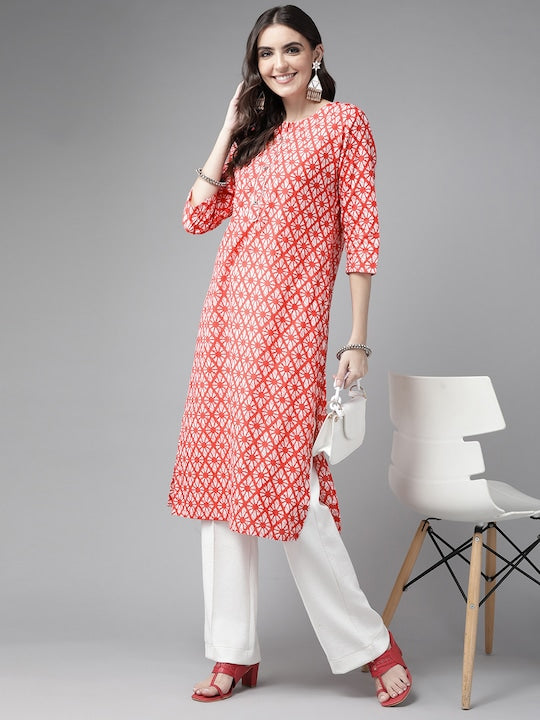 Yufta Women Coral Pink & White Ethnic Motifs Print Pure Cotton Straight Kurta