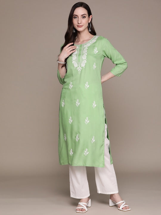 Anubhutee Women Green & White Ethnic Motifs Embroidered Kurta