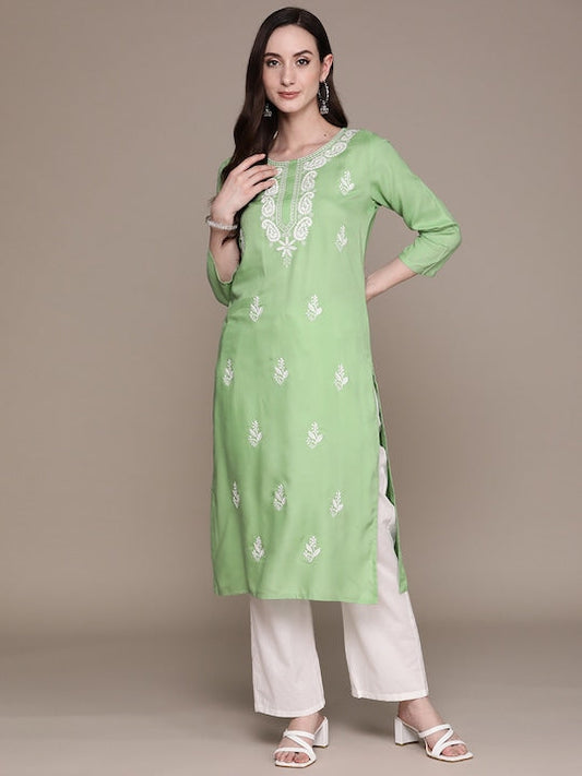 Anubhutee Women Green & White Ethnic Motifs Embroidered Kurta