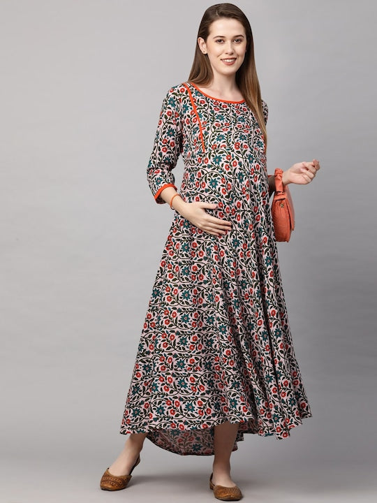 MomToBe Cream-Coloured Orange Ethnic Motifs Maternity Maxi Nursing Dress