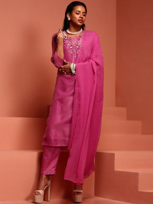 IMARA Ethnic Motifs Yoke Design Thread Work Kurta With Trousers & Dupatta