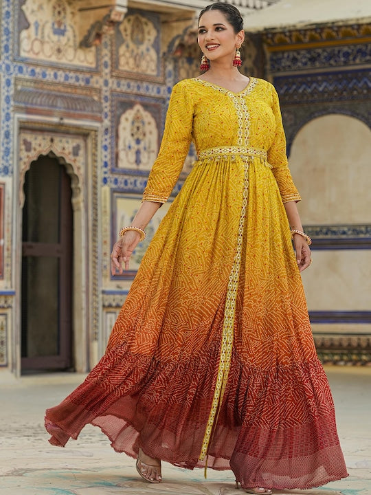 Scakhi Bandhani Printed Mirror Work Gown Maxi Ethnic Dress With Belt
