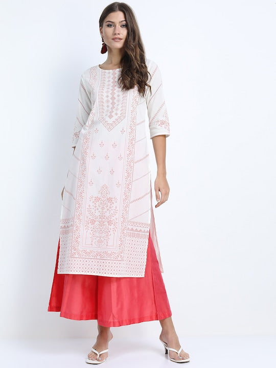 Vishudh Women Cream-Coloured Striped Thread Work Kurta