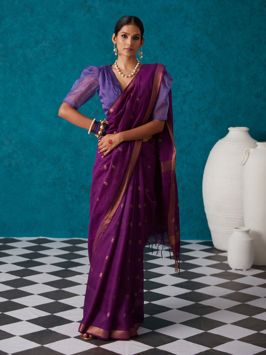 Likha Purple Bhagalpuri Festive Linen Zari Saree & Unstitched Blouse LIKSAR33 (Free Size)