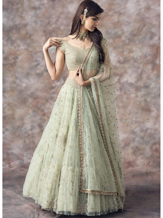 Odette Green Soft Net Semi Stitched Lehenga with Unstitched Blouse (Set of 3)