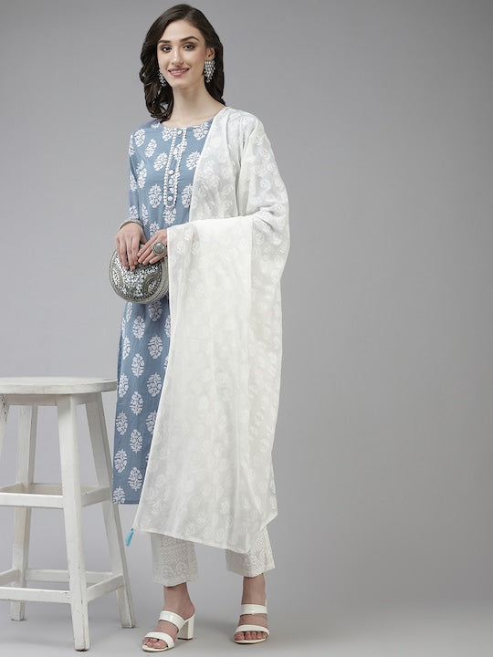 Yufta Women Blue Ethnic Motifs Printed Pure Cotton Kurta with Trousers & Dupatta