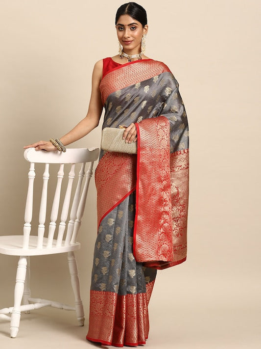 Silk Land Grey & Red Ethnic Motifs Zari Art Silk Banarasi Saree