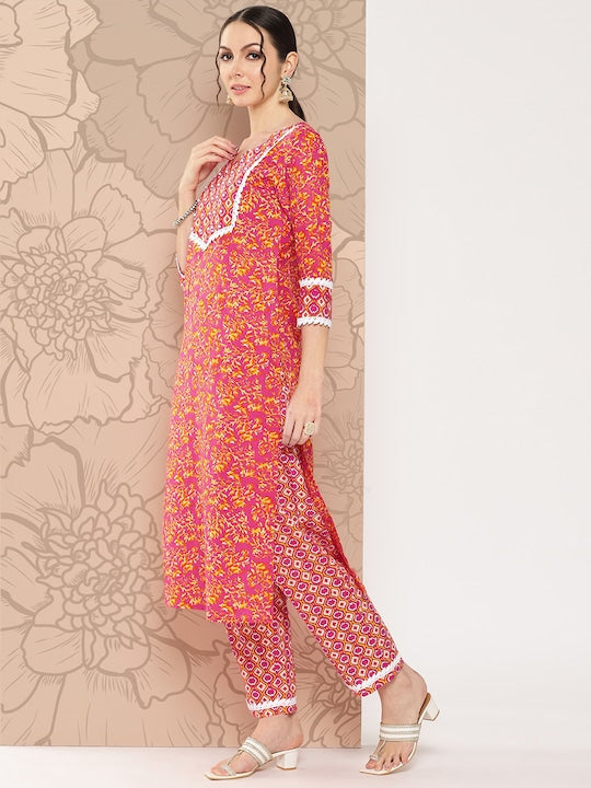 Yufta Women Pink Printed Regular Sequinned Pure Cotton Kurta with Trousers & Dupatta