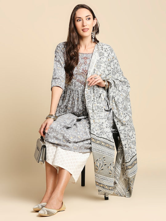 Anubhutee Women Grey & Red Pure Cotton Floral Printed A Line Kurta with Trousers & Dupatta