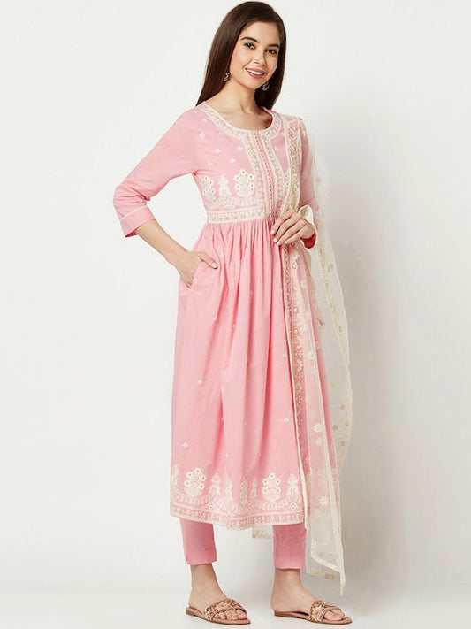 IMARA Ethnic Motifs Embroidered Chikankari Pure Cotton Kurta with Trousers & With Dupatta
