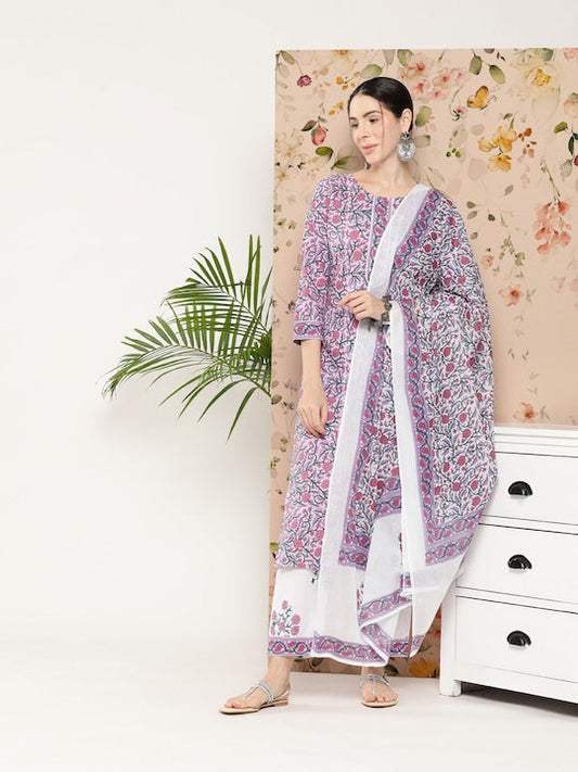 Yufta Women Floral Printed Pure Cotton Kurta with Trousers & With Dupatta