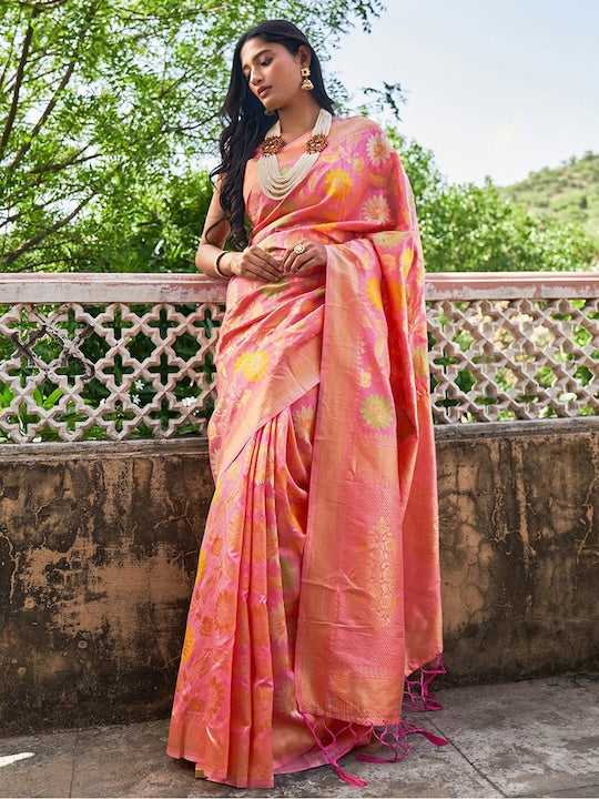Janasya Pink & Gold-Toned Floral Woven Design Zari Banarasi Saree