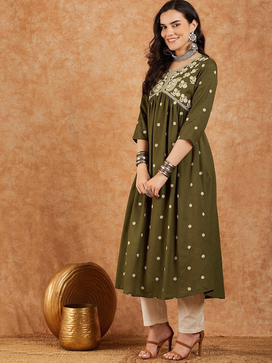 Sangria Floral Embroidered V-Neck Empire Anarkali Kurta