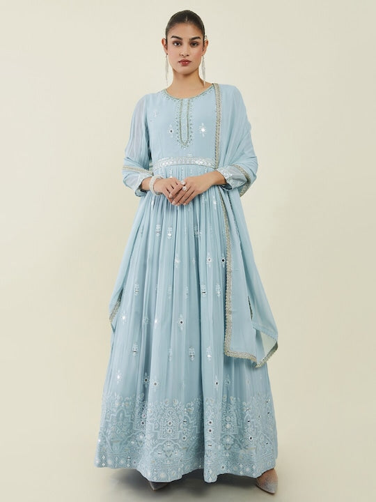 Soch Women Ethnic Motifs Embroidered Pleated Mirror Work Kurta with Churidar & Dupatta
