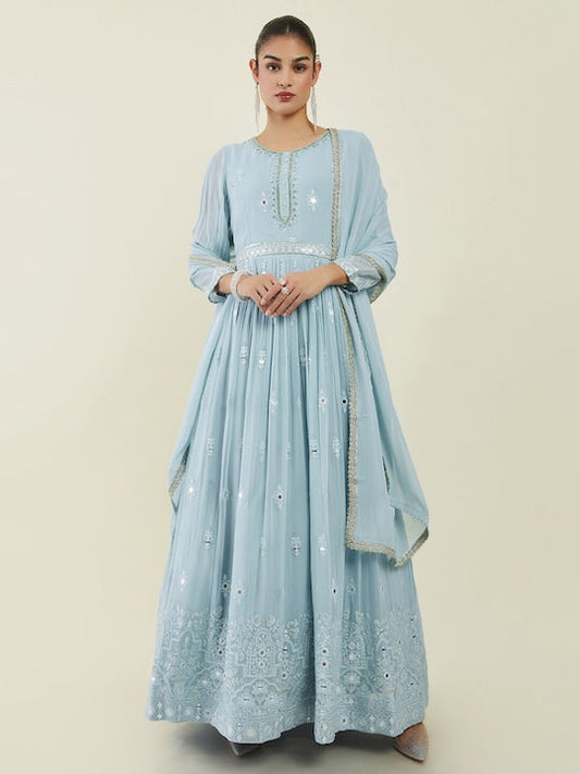 Soch Women Ethnic Motifs Embroidered Pleated Mirror Work Kurta with Churidar & Dupatta