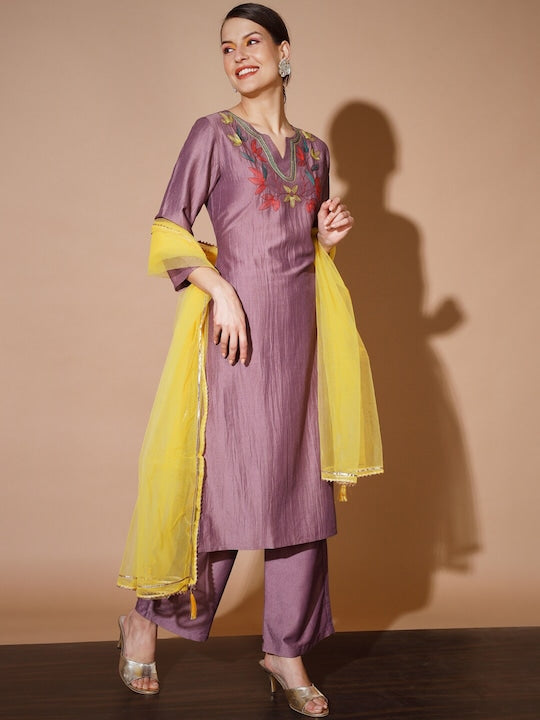 Myshka Embroidered Regular Kurta With Palazzos & Dupatta