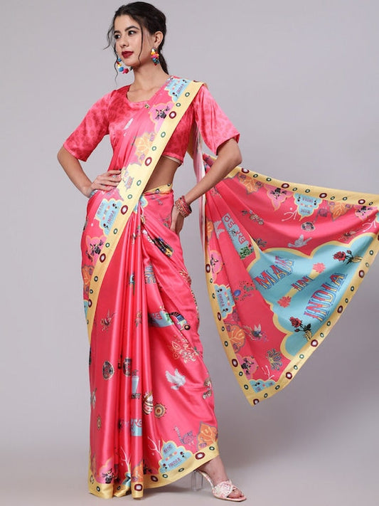 AKS Abstract Printed Satin Saree
