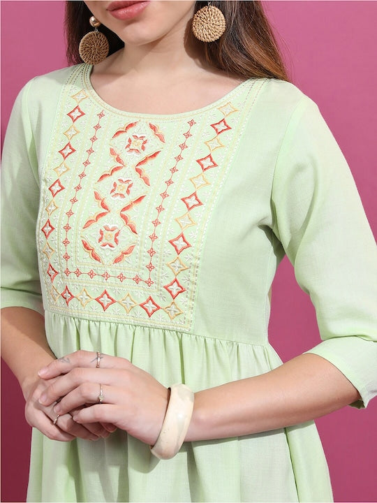 Vishudh Sea Green Ethnic Embroidered Fit & Flare Midi Ethnic Dress