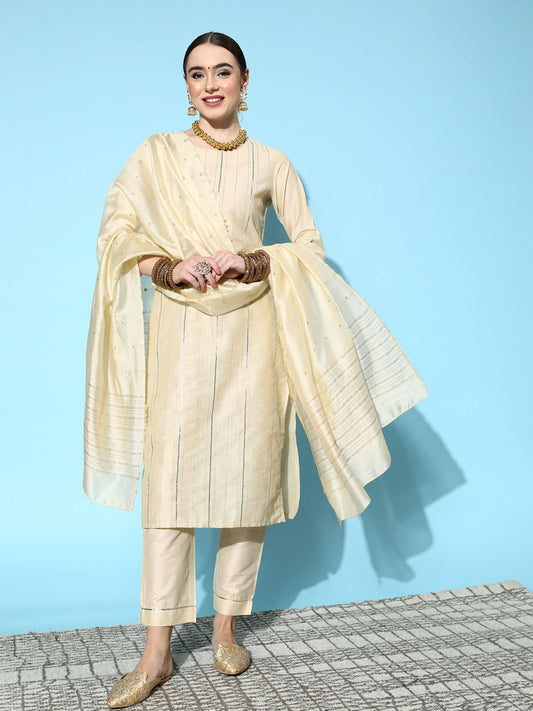 ISHIN Womens Cream Zari A-Line Kurta with Trouser & Dupatta (Set of 3)