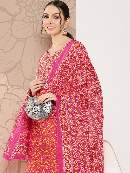 Yufta Women Pink Printed Regular Sequinned Pure Cotton Kurta with Trousers & Dupatta