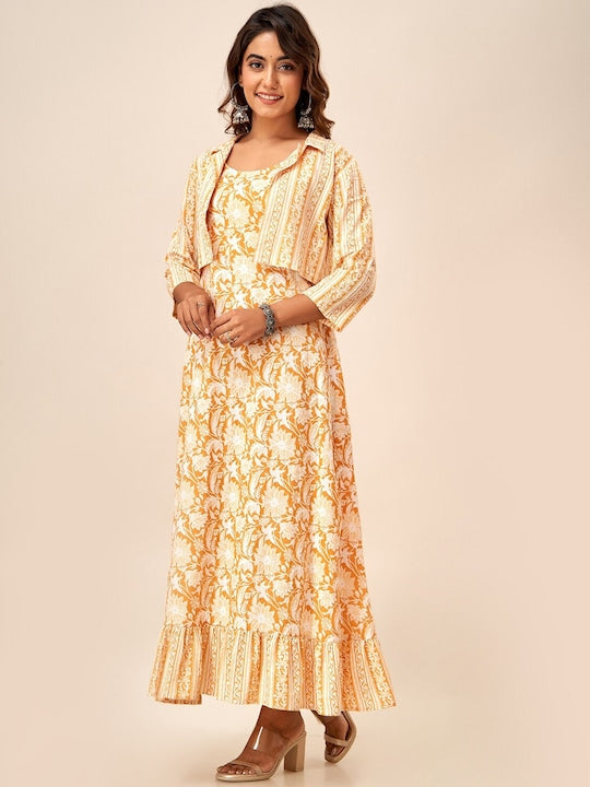 Here&now Paisley Printed Cotton A-Line Kurta With Jacket
