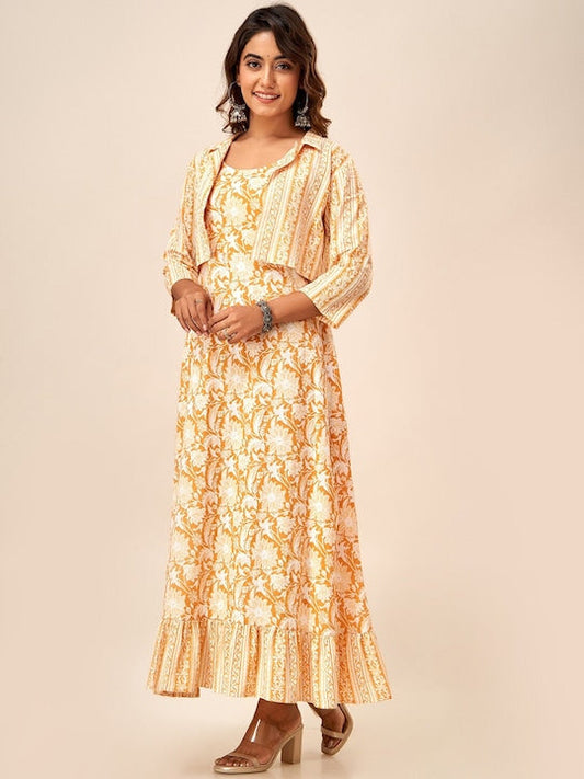 Here&now Paisley Printed Cotton A-Line Kurta With Jacket