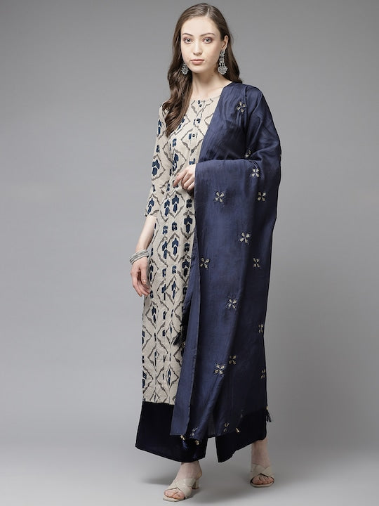 Yufta Women Beige & Navy Blue Printed Pure Cotton Kurta with Palazzos & Dupatta