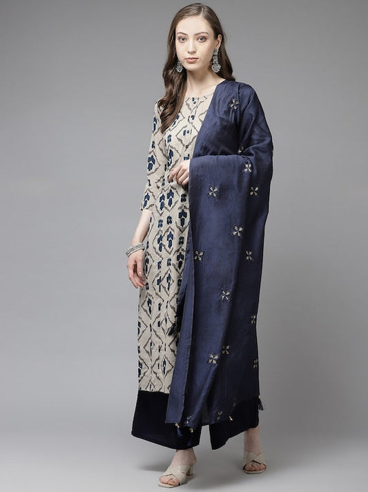 Yufta Women Beige & Navy Blue Printed Pure Cotton Kurta with Palazzos & Dupatta