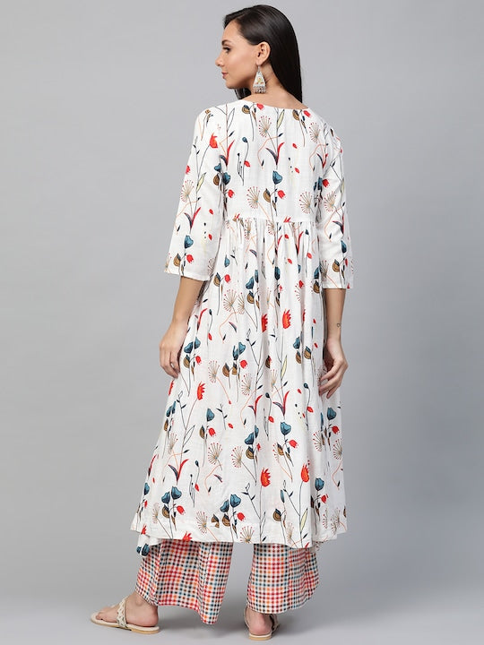Sangria Women White & Red Printed Kurta with Palazzos