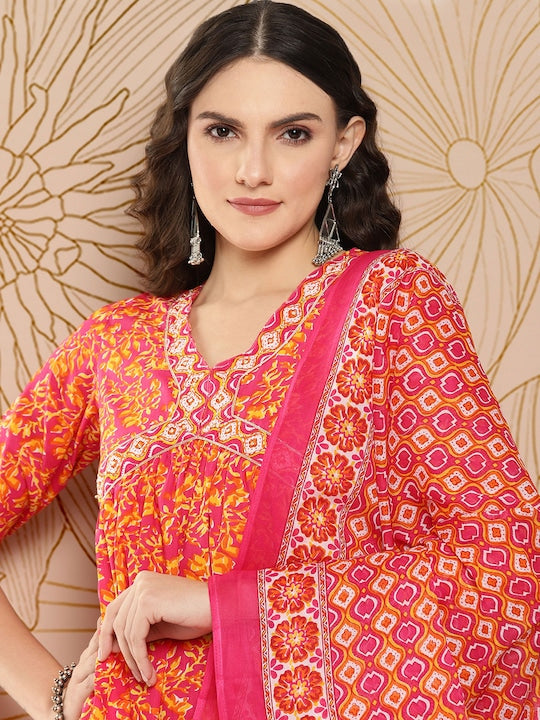 Yufta Women Floral Printed Regular Sequinned Pure Cotton Kurta with Trousers & Dupatta