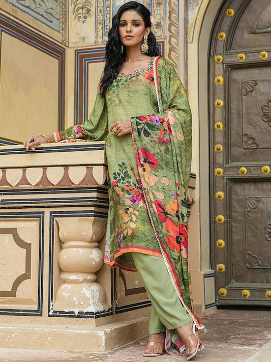 Scakhi Floral Printed Regular Mirror Work Silk Crepe Kurta with Trousers & Dupatta