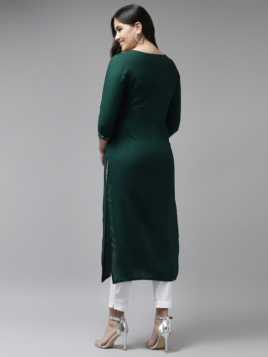 Yufta Women Green Ethnic Motifs Yoke Design Thread Work Kurta