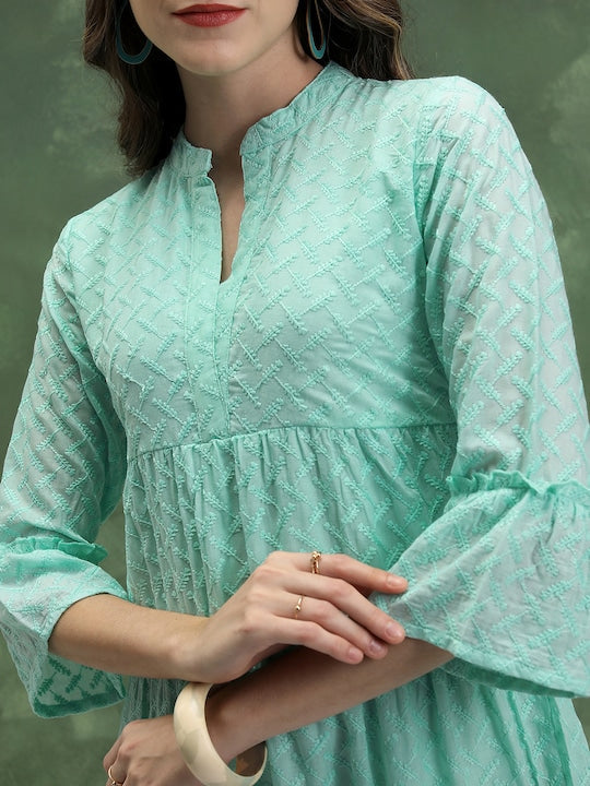 Vishudh Floral Embroidered Mandarin Collar Bell Sleeves Tiered Detail A-Line Mini Dress