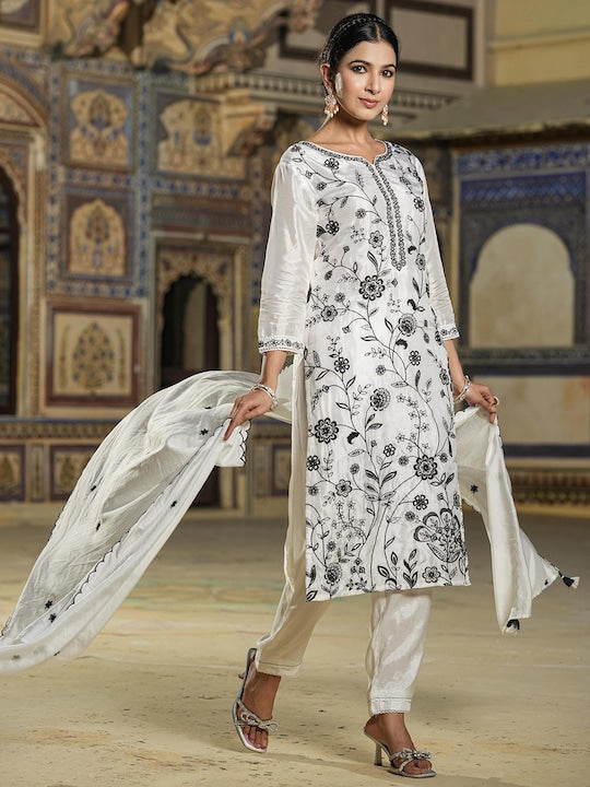 Scakhi Floral Embroidered Dobby Weave Chikankari Kurta & Trousers With Dupatta