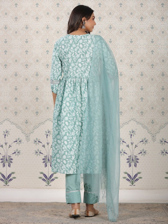 House of Pataudi Floral Printed Pure Cotton Kurta With Palozza & Dupatta