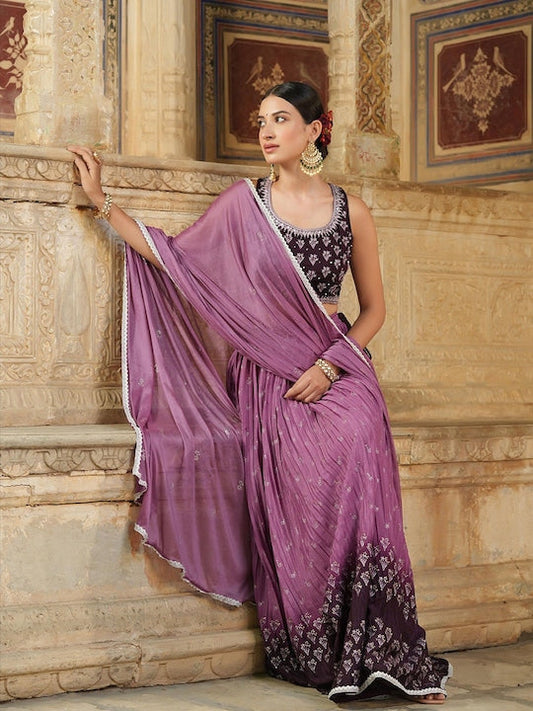 Scakhi Purple & Black Embroidered Foil Print Lehenga Choli With Dupatta