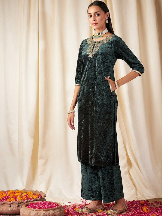 Shae by Sassafras Floral Yoke Design Thread Work Velvet Straight Kurta