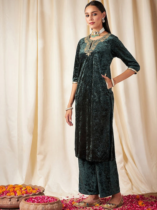 Shae by Sassafras Floral Yoke Design Thread Work Velvet Straight Kurta