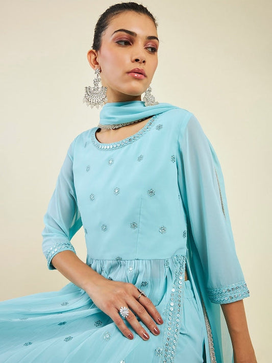Soch Floral Embroidered Sequined Anarkali Georgette Kurta with Palazzos & Dupatta