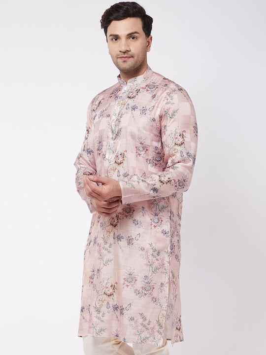 Vastramay Men Pink Floral Printed Kurta